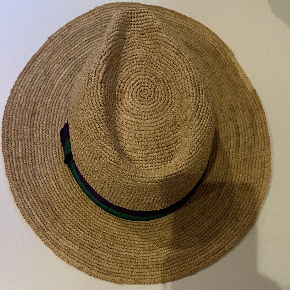 Wimbledon Straw Fedora with Green and Purple Band - Picture 3 of 3